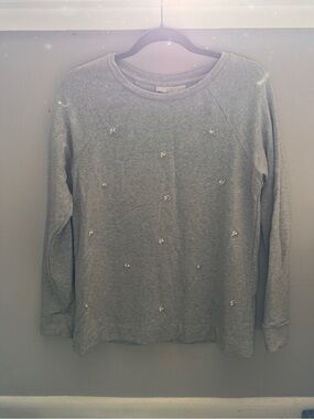 LOFT Gray Crewneck Sweater with Rhinestone Accents